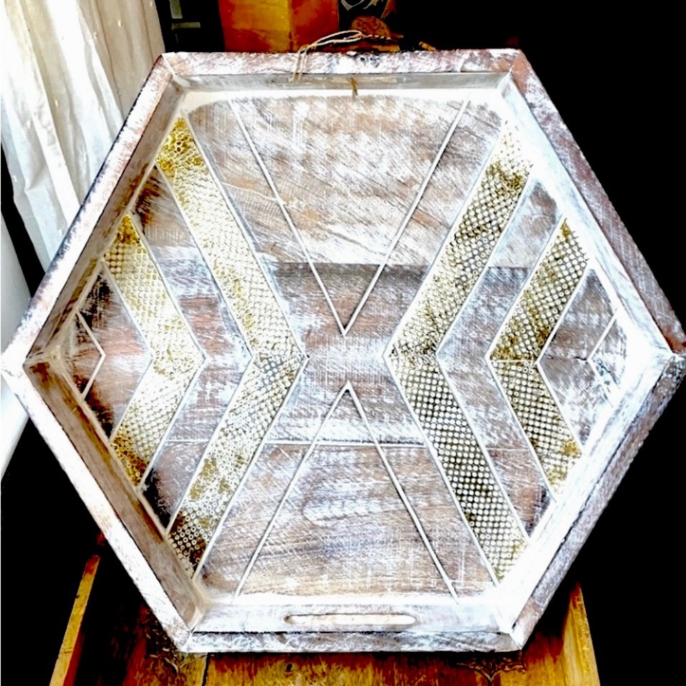 Unique Octagonal Distressed Natural Wooden Tray with Gold Accents ๐NWT! - Picture 3 of 16